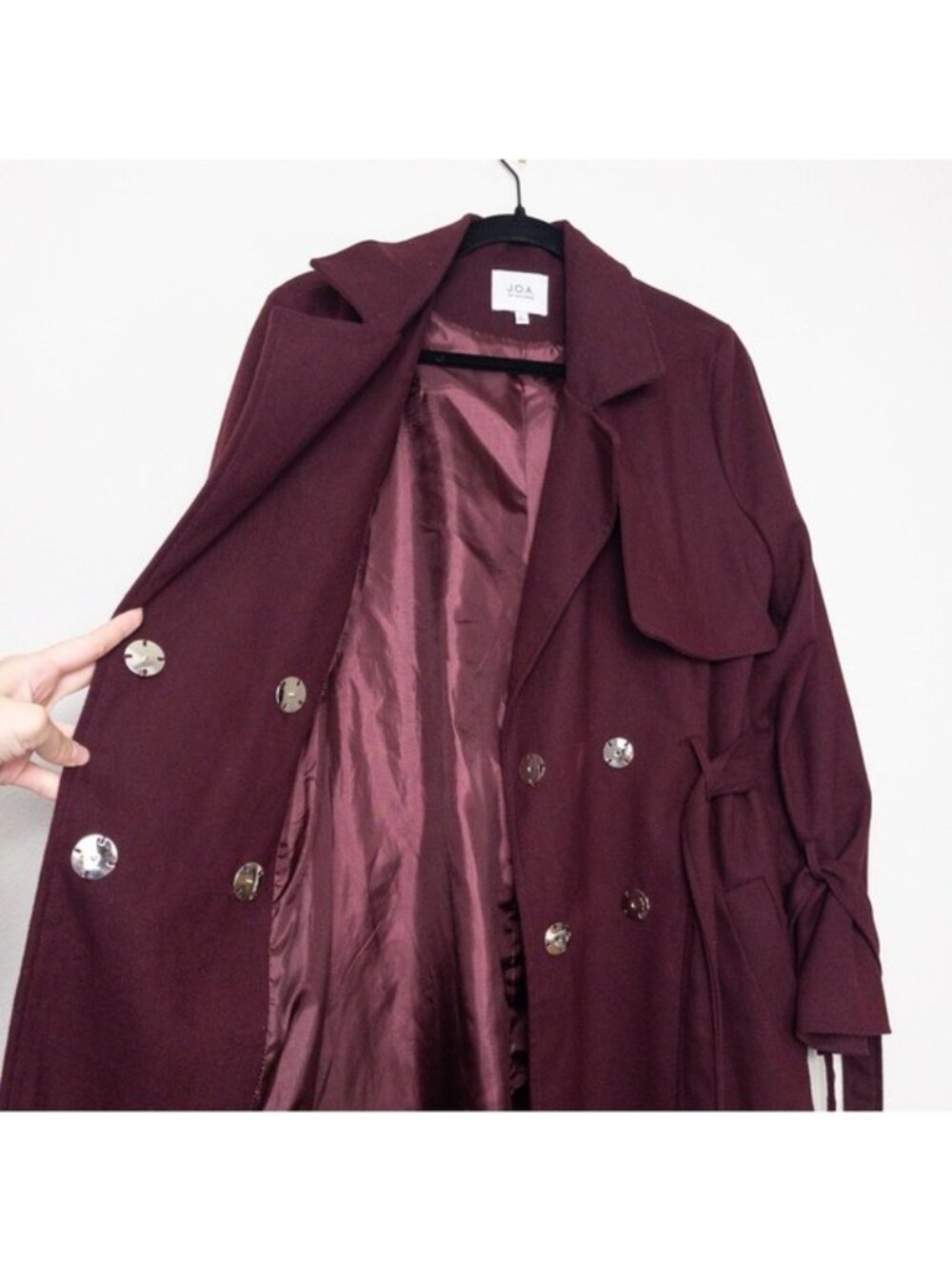 NEW J.O.A Belted Trench Coat S Burgundy Maroon Tie Cuff Double Breasted Utility - Picture 3 of 12